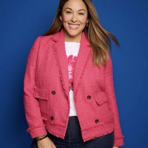 Talbots Tweed Blazer Womens Size 16 Double Breasted Hot Pink Pea Coat Fringe NWT